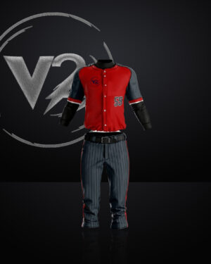 "Bold Red Baseball Uniform and Gray Pants with Black Trim"