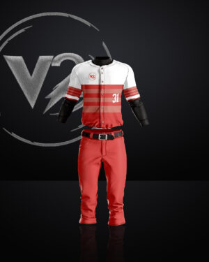 "White Baseball Jersey with Red Trim and Red Pants"
